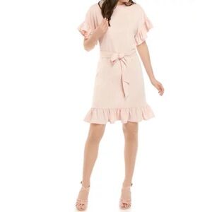 Emma & Michelle Ruffle Sleeve and Hem Dress with Tie Waist Pink Size Small